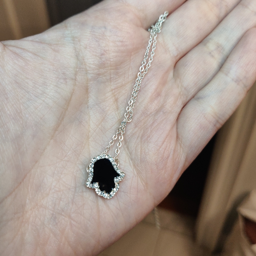 Rhinestone outline black hamsa hand necklace